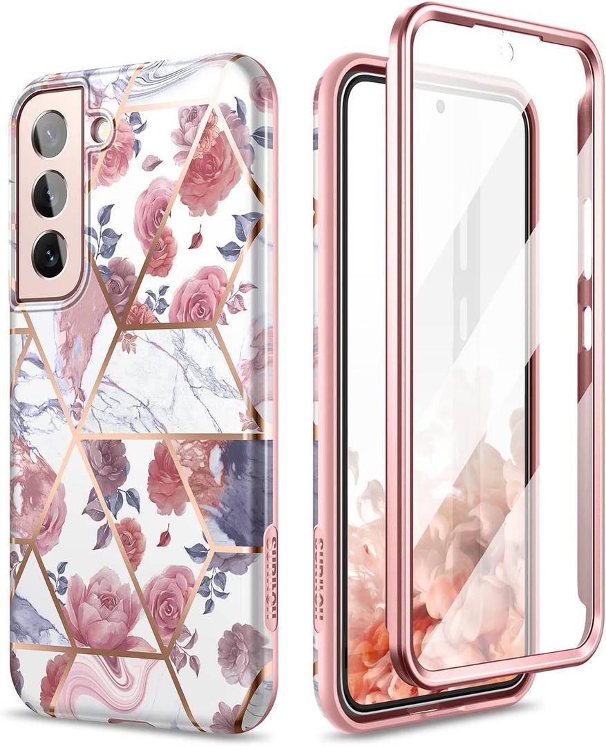 SURITCH for Samsung Galaxy S22 Case, [Built-in Screen Protector] Full Body Protection Shockproof Rugged Bumper Slim Soft Silicone Protective Cover for Galaxy S22 6.1 Inch (Marble Rose)