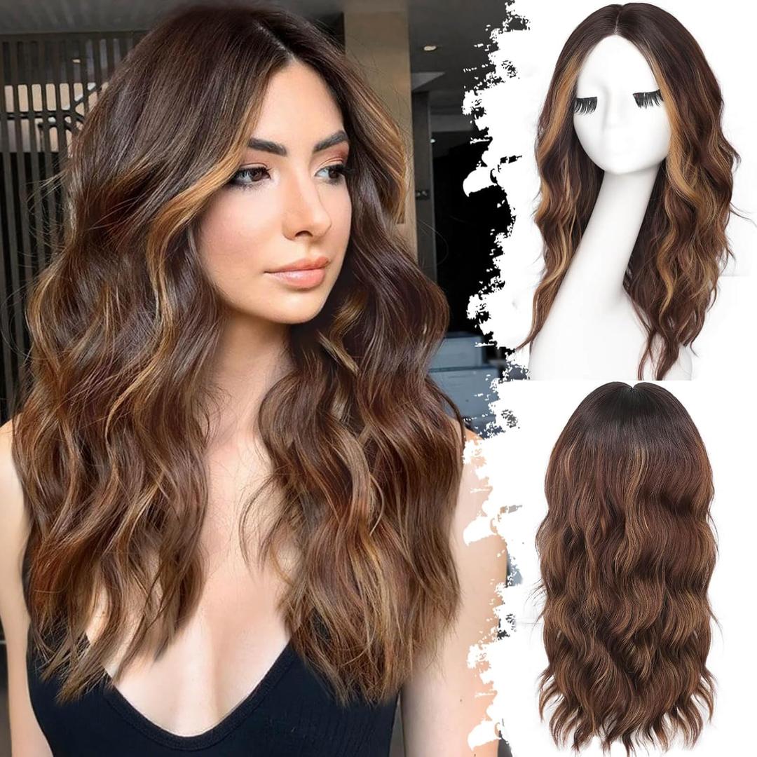Eawwii Brown Highlight Long Wavy Wig for Women, Pre-Cut HD Lace Natural Hairline, Glueless Middle Part, Synthetic Fiber for Daily and Party Use 20Inch, Brown Highlight