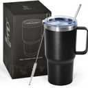 20 oz Tumbler with Handle, insulated cup coffee mug with lid, straw and handle, Double Wall Stainless Steel Vacuum Coffee Tumbler travel mug spill proof, 1pcs Black