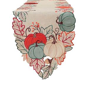 Thanksgiving Decorations Fall Table Runner with Embroidered Velvet Pumpkins Maple Leaf. Table Decor for Home Kitchen Dining Seasonal Harvest Party 36 Inches