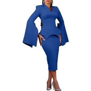 Voghtic Women Peplum Bodycon Pencil Dress Business Office Wear to Work Sheath Dress v Neck Ruffle Sleeve Church Dresses (3X-Large, Blue)