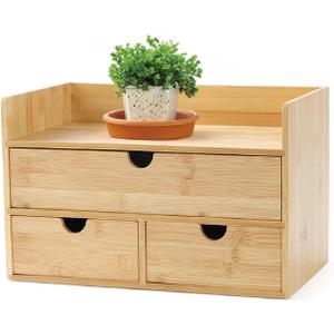 3 Drawer Bamboo Desk Organizer with Shelf  Makeup Storage & Tabletop Organizer for Home Office, Workspace, or Bathroom  No Assembly Required