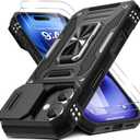 DEERLAMN Case for iPhone 17 6.3-Inch with Slide Camera Cover + Screen Protector (2 Packs), Rotated Ring Kickstand Military Grade Shockproof Protective Cover-Black