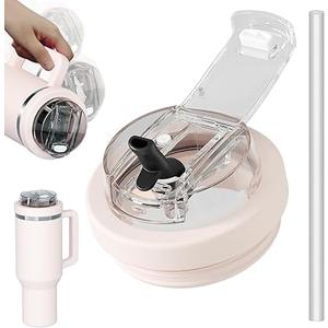 Tnvee 40 Oz Tumbler Flip Straw Lid for Stanley Tumbler- Silicone Cup Lid Replacement with Dustproof Cover Leak Proof for 40 OZ Stanley Cup Accessories - Rose Quartz