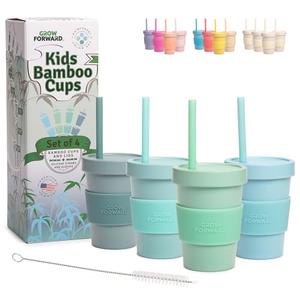 Grow Forward Bamboo Kids Cups with Lids and Straws - 10oz Drinking Cups for Kids with Childproof Twist Lids & Silicone Straws - Eco Friendly, BPA Free, Non Toxic & Dishwasher Safe - Rainforest