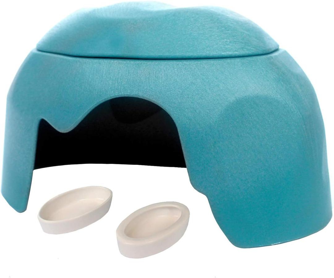 Reptile Hideout Cave Box with 2 Ceramic Sinks Fit for Snakes Lizards Chameleons Tree Frogs Geckos Small Tortoises and Other Small Reptiles (Blue)