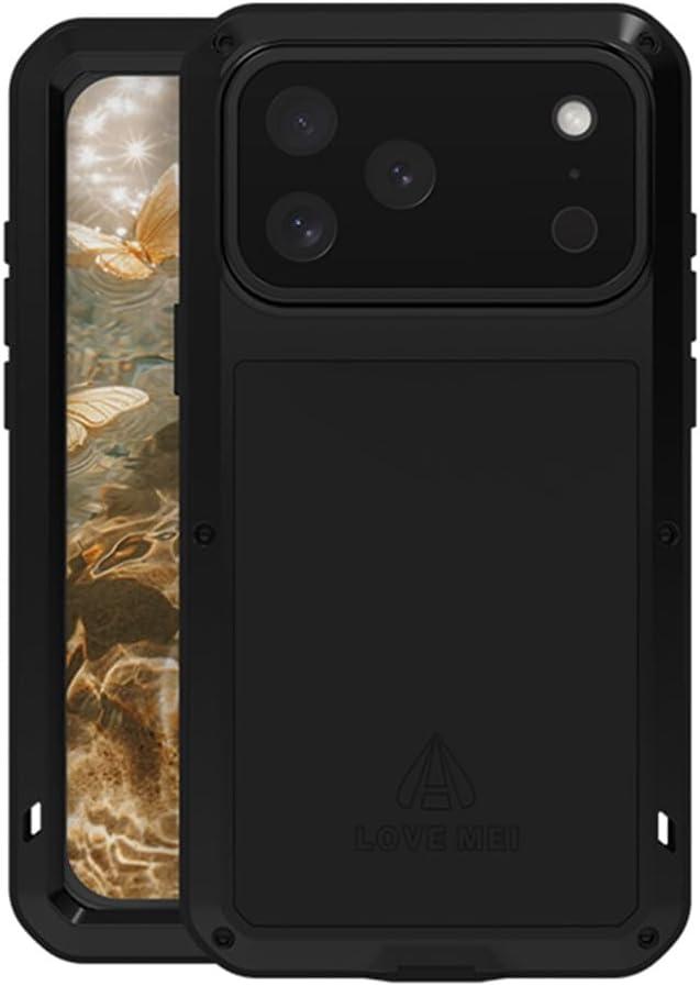 LOVE MEI for iPhone 17 Pro Max Case, Outdoor Heavy Duty Rugged Durable Military Armor Bumper Aluminum Metal Dust/Shockproof Full Body Protection Case with Tempered Glass for iPhone 17 Pro Max (Black)