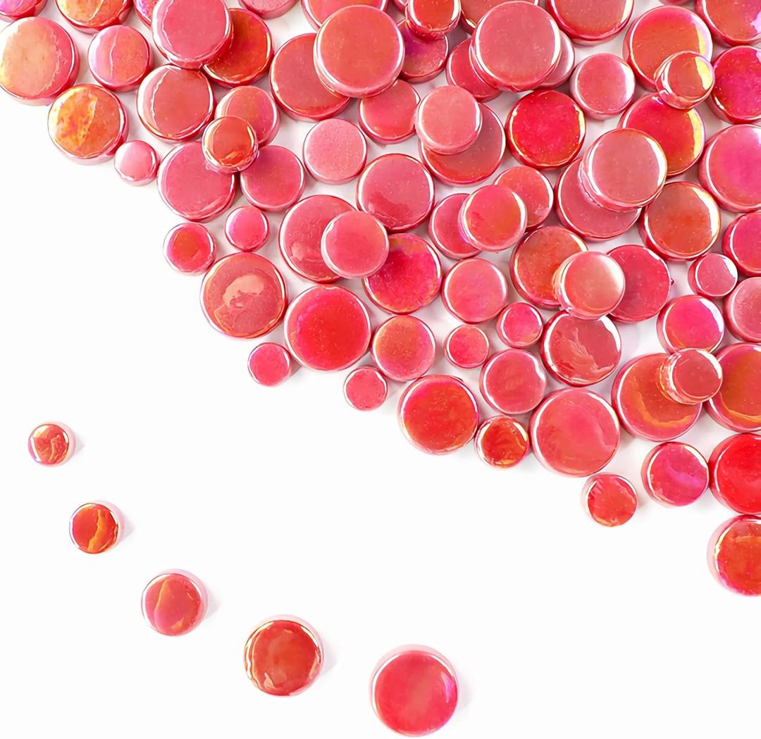 200 Grams Round Colorful Glass Mosaic Tiles, Bulk Mosaic Tiles for DIY Crafts, Flower Pots, Vases, Mugs, Garden Decoration, Red (monochrome)