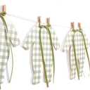 Green Gingham Baby Onesie Garland – 8 PCS Big Size Neutral Baby Shower Banner, Baby Clothesline Garland, Green Plaid Baby Bodysuit Cutouts for Gender Neutral Baby Shower or Nursery Decor