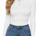 MANGOPOP Round Neck Long Sleeve Bodysuit For Women Casual T Shirts Body Suit Basic Slim Fitted Casual Top (White, XS)