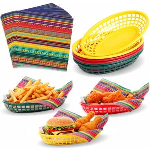 Domensi 56pcs Fast Food Baskets 6 Colorful Plastic Food Baskets 50 Deli Paper Sheets Mexican Party Decoration for Taco Party Sandwiches Burgers Fries Wrapping Hot Dogs