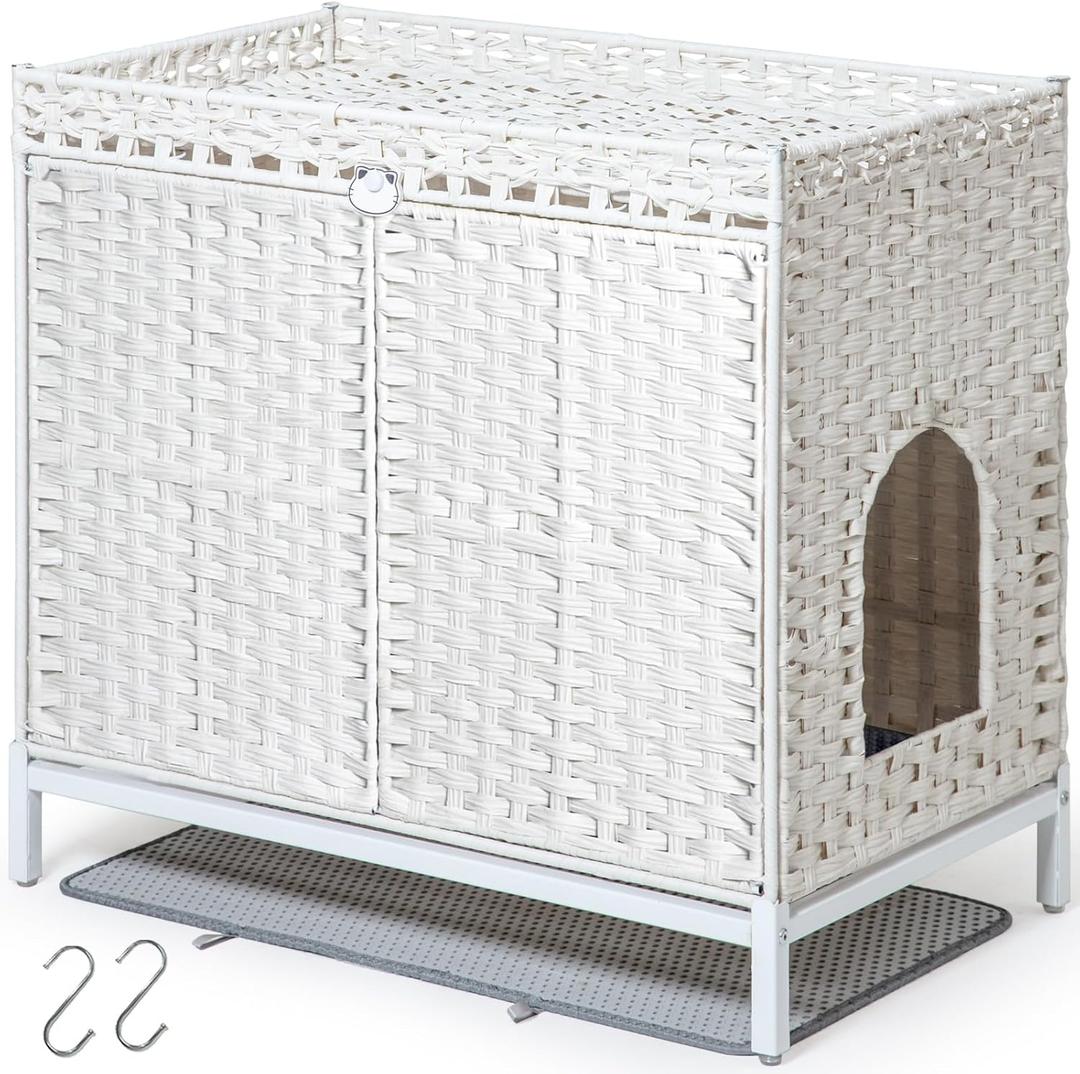 Cat Litter Box Enclosure Furniture, Hidden Handwoven Rattan Litter Box with Mat, Large Cat House with Metal Heightened Feet, 30.3 x 18.3 x 28 Inches, Indoor for Living Room, Bedroom White