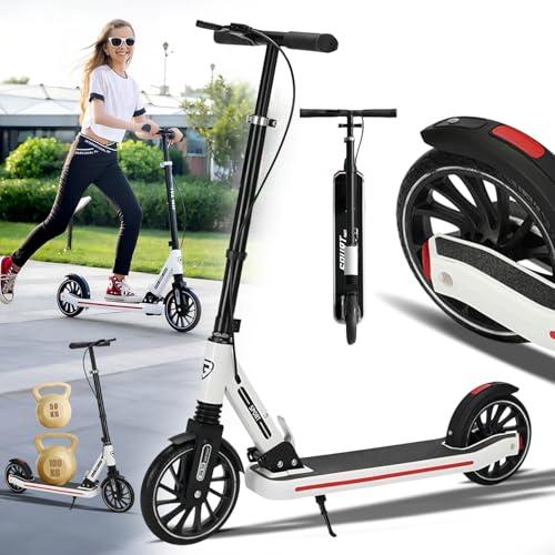 CUIOT Commuter Adult Scooter 330 lbs Capacity, 8IN Solid Tires Big Wheels Scooters, 3 Handle Height Adjustable Levels, with Double Braking System, Foldable Scooter,Kick Scooter for Ages 6+,White