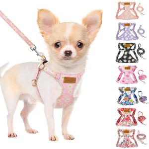 SlowTon No Pull Dog Harness with Leash - Soft Lightweight Floral Pattern Puppy Harness, Adjustable Pet Harness for Small Medium Dogs (Pink Daisy XXS)