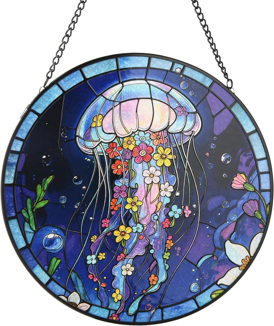 Stained Glass Window Hanging, Blue Jellyfish Circular Sun Catcher Ornament with Chain & Suction Cup, Suncatcher for Garden Door Home Decor, Birthday Gifts for Women Men Mom 7.8 in