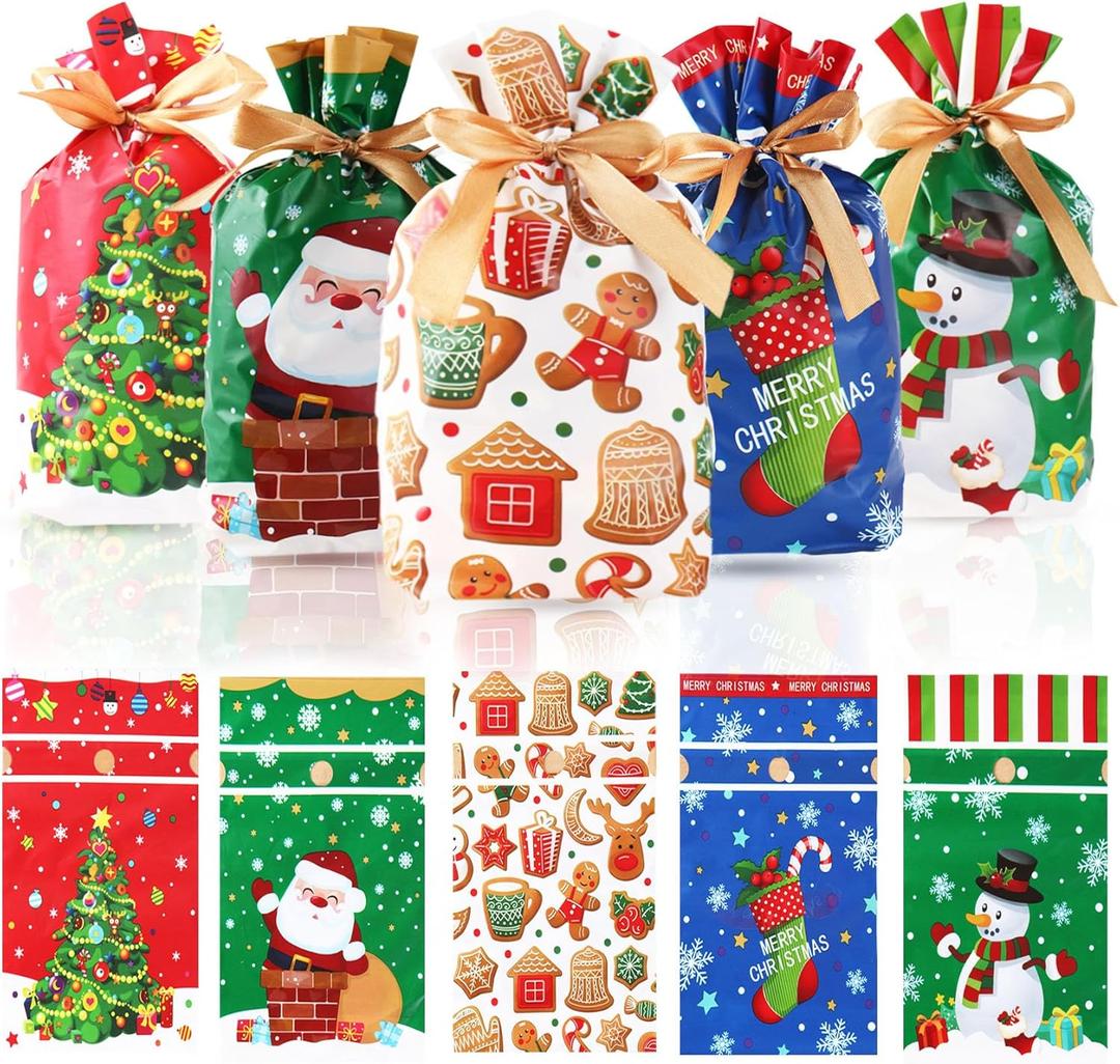 Christmas Treat Bags, 50 PCS Christmas Drawstring Gift Bags, Small Xmas Gift Bag, 6x9 Inch Plastic Candy Goodie Cookie Gift Bag Drawstring for Xmas Holiday Gifts Wrapping Party Favors Supplies