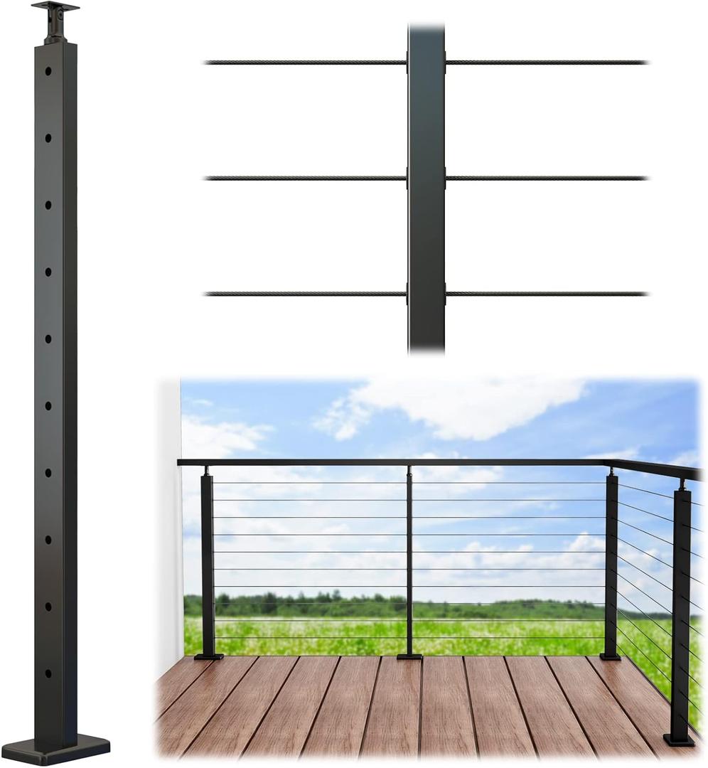 Intermediate Post Level drilled 33" Adjustable Top Cable Railing Post Top Mount Black Rectangular Stainless Steel Wood Concrete Level Deck, PS11 BH4S