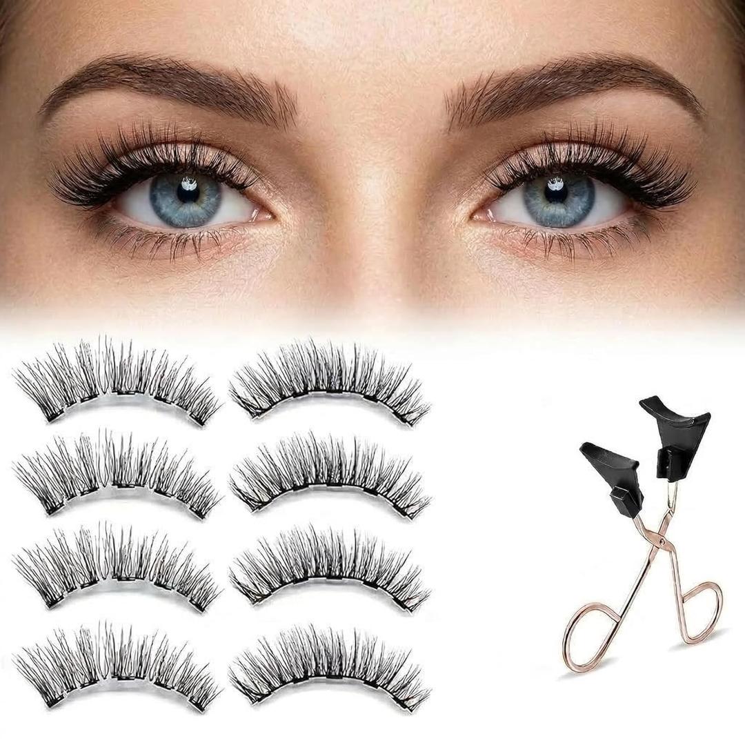 Magnetic Eyelashes with Applicator, 4 Pairs Reusable 3D False Lashes Natural Look, No Glue or Eyeliner Needed, Water Resistant Lightweight Makeup Kit for Daily Wear