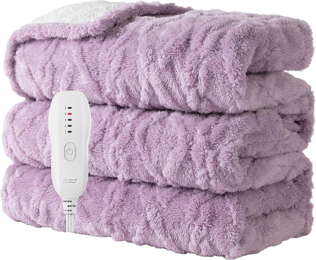 Aheadpret Heated Blanket-Electric Blanket 50"x60" Soft Heated Throw Blanket with 5 Heating Levels & 3 Hours auto-Off,Machine Washable(Purple