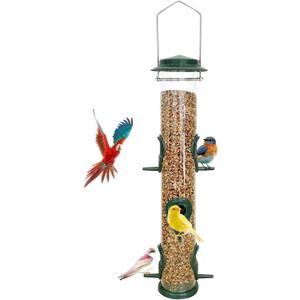 MIXXIDEA 1PK Metal Bird Feeders with 6 Feeding Ports,Tube Bird Feeder with Steel Hanger,Hard Plastic Wild Bird Feeder for Outdoors Hanging, Attracting Birds in Your Lawn, Garden, BalconyGreen