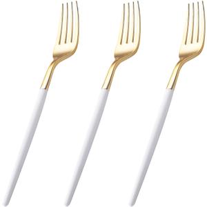 I00000 144 Plastic Forks, Disposable Flatware with White Handle, Look Like Gold Cutlery for Party Wedding