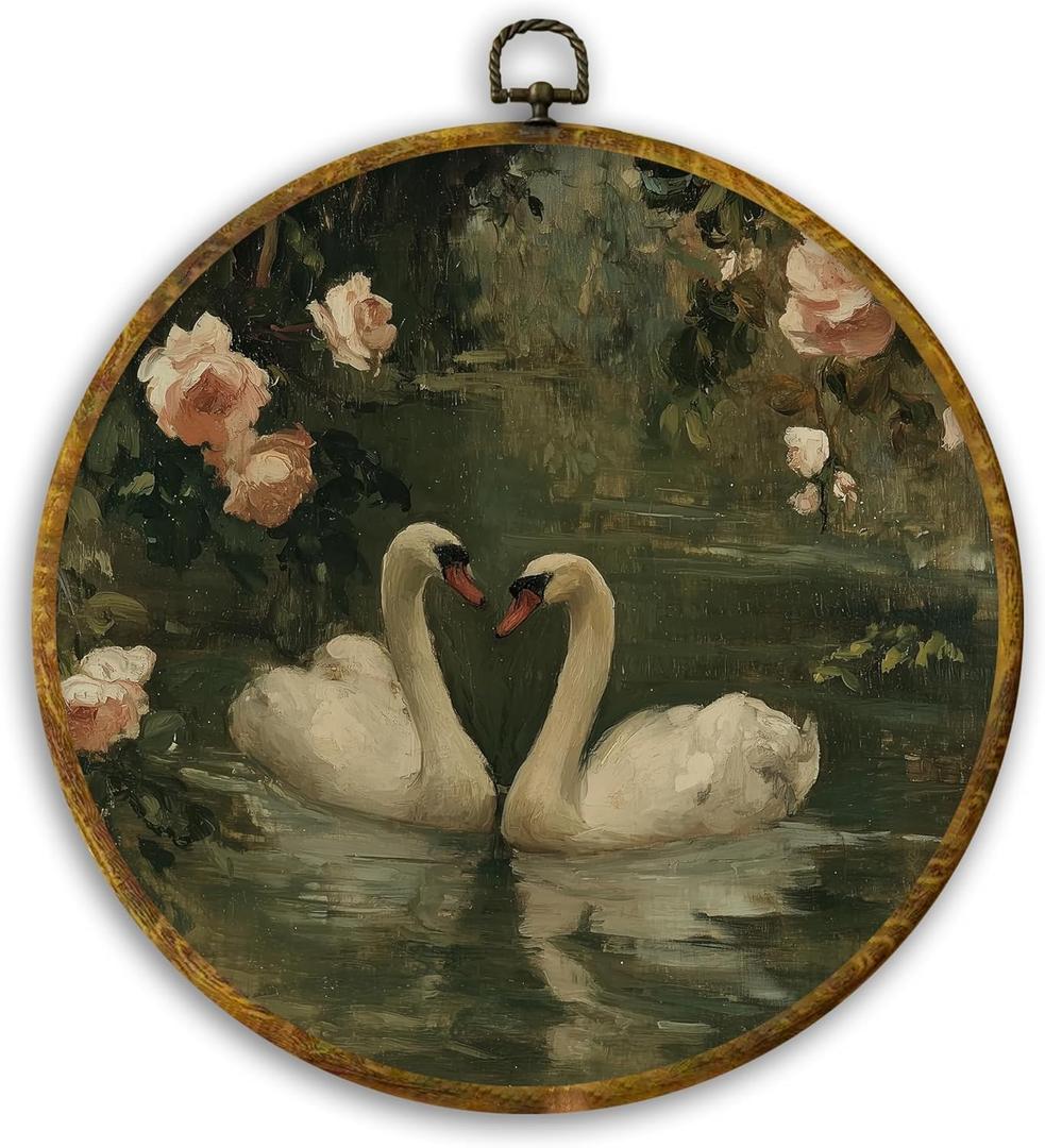 CUANFDDSF Vintage Floral Swan Round Wall Art, Classical Romantic White Swan Framed Hanging Wall Decor, Cottagecore Elegant Animal Canvas Prints Decorations for Home Bedroom Living Room, 10x10 Inch (Colour 02)