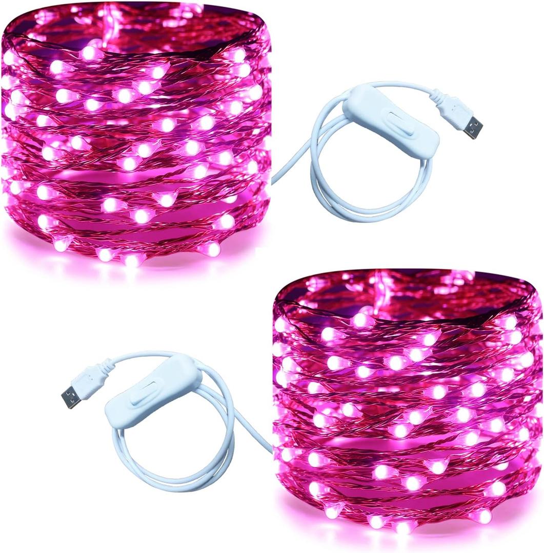 RUICHEN 20 Ft 120 LED USB Fairy String Lights with On/Off Switch, Waterproof Copper Wire Lights for Bedroom Wall Ceiling Wreath Christmas Easter Valentines Day Wedding Party, Pink, 2 Pack