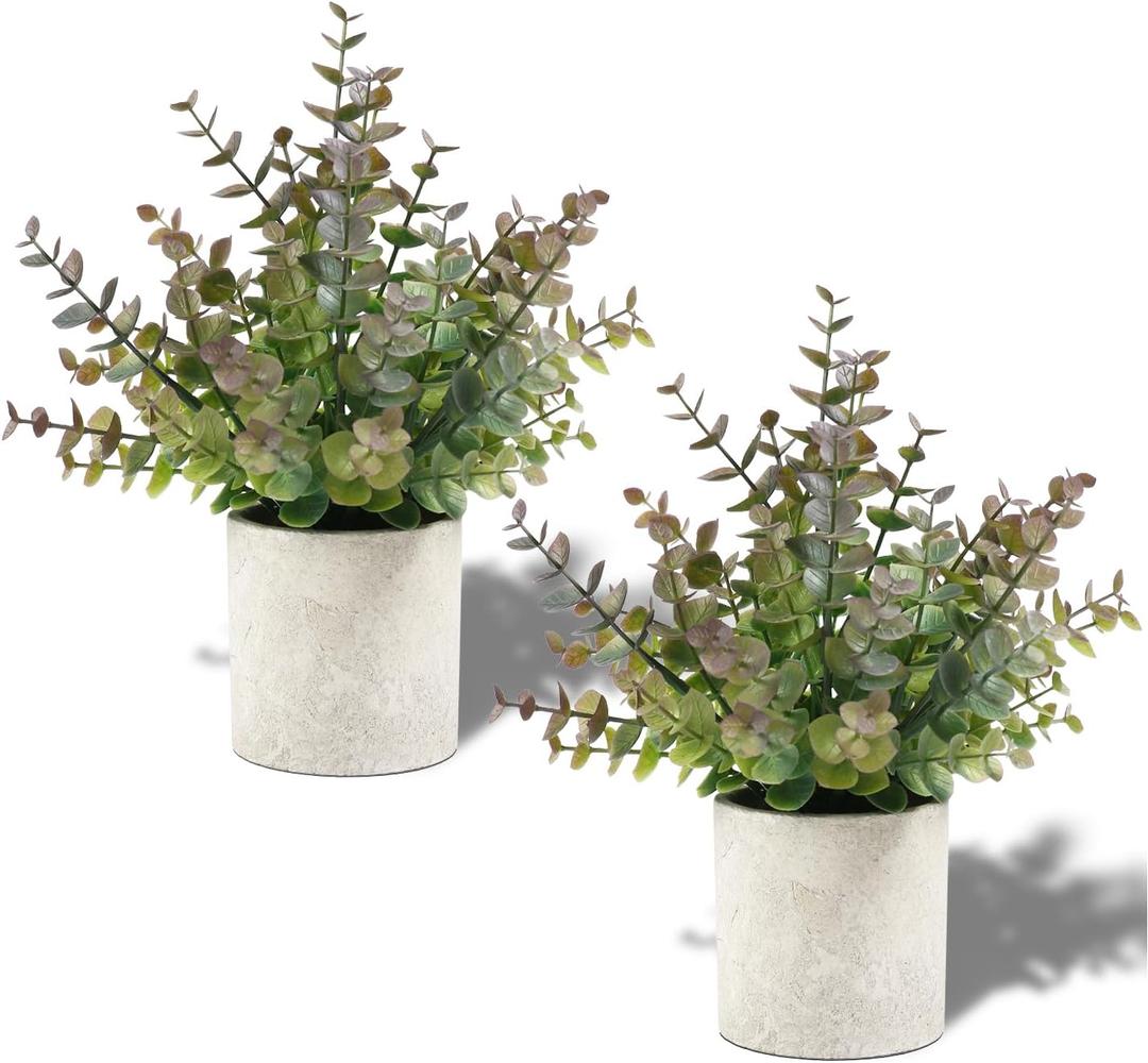 2 Pack Small Fake Plants Christmas Plants Eucalyptus Potted Artificial Plants for Home Indoor Fireplace Mantel Shelf Desk Home Bathroom Farmhouse Room Coffee Christmas Table Decor Xmas Decor (Purple)