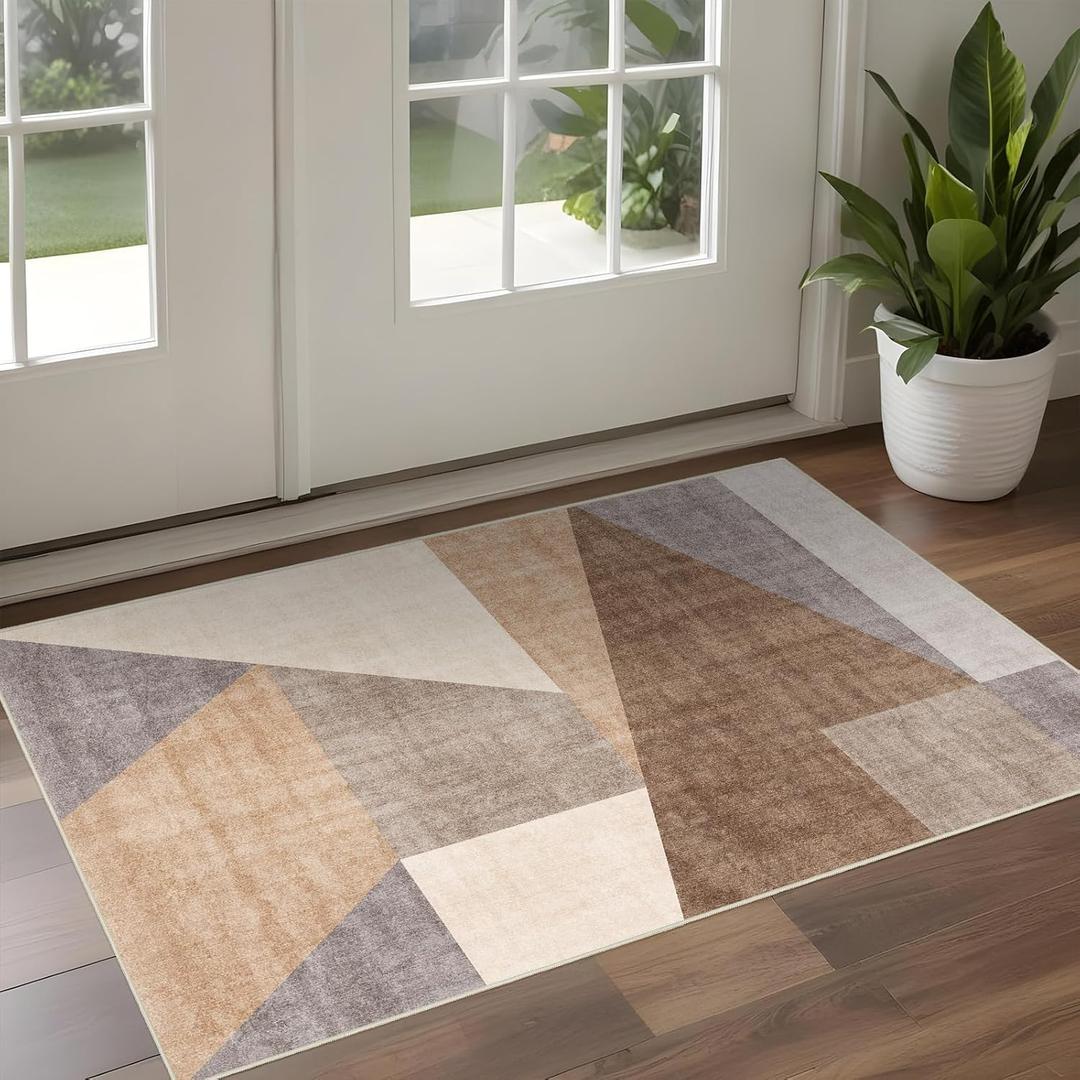 Washable Modern Area Rug: 2x3 Geometric Area Rugs for Entryway Small Mat for Kitchen with Non-Slip Backing Indoor Bedroom Door Mat for Bathroom Floor Brown 2'x3'.