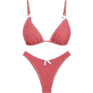 seamoly Women's Bikini Sets Tie Back Bowknot Two Piece Swimsuits Triangle Thong Bathing Suit Gingham Floral Cherry Printing (Red, L)