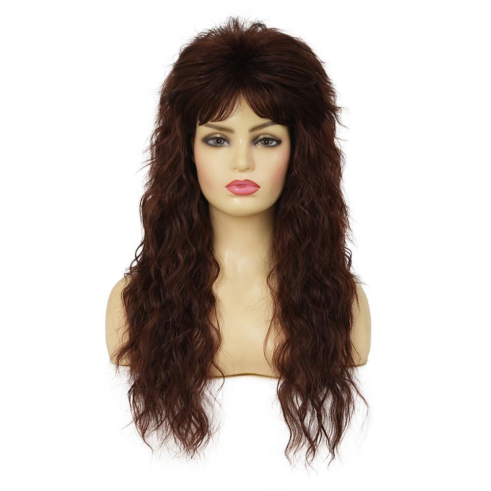 Long Brown Curly Wig for Women 70s 80s Rocker Punk Wigs with Bangs Synthetic Fibre Wig for Halloween Party Cosplay Use (11 x 7.5 x 2.7 in) Long Brown