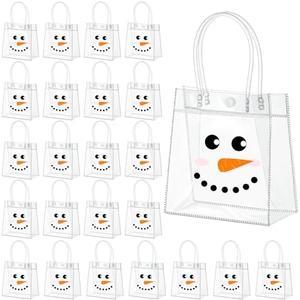 Marspark 24 Pcs Christmas Clear PVC Gift Bags with Handle Snowman Gift Bags Reusable Plastic Goodie Tote Bag for Christmas Party Favor Winter Xmas Party Favor Supplies, 6.3x5.91x3.15 Inch