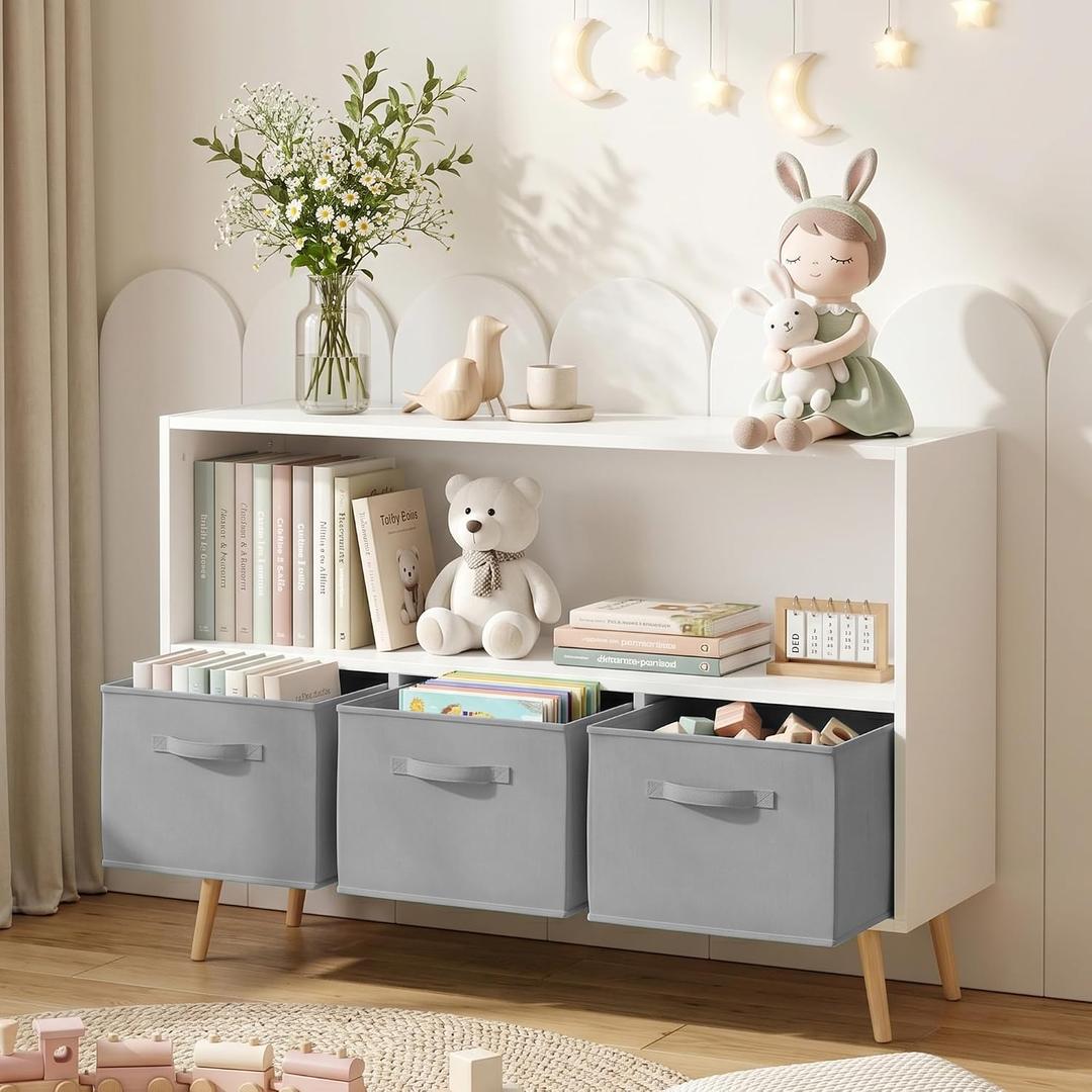 Kids Bookshelf and Toy Storages, 2 Tier Wooden Bookshelf for Kids with 3 Fabric Drawers, Bookcase for Kids Room, Nursery, Playroom, Kindergarten and Classroom (Grey), 35.43 x 11.02 x 23.6 inches