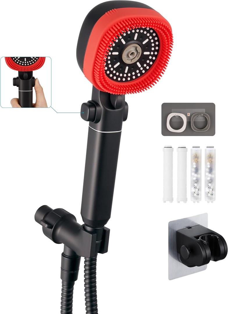 Handheld Shower Head with ON/OFF Switch for Water Saving,High Pressure Filtered Shower Head with Long Hose and Bracket&Low Reach No Drilling Wall Mount Shower Holder