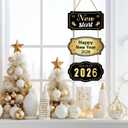 YUNKKIN Happy New Year Sign 2026 Black Gold New Years Wreath Door Sign Wooden Front Door Decorations Hanging Decor for Porch Wall Indoor Home Decor