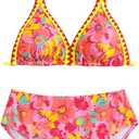 BEAUDRM Girl's 2 Piece Floral Print Swimsuits Halter Triangle Bikini Boho High Waisted Bathing Suit Pink 11Y