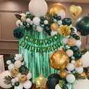 Green Birthday Decorations, Emerald Green and Gold Balloons Party Decorations Happy Birthday Banner Emerald Green Fringe Curtain Bday Tablecloth Paper Pom Poms for Women Men Bday Decor