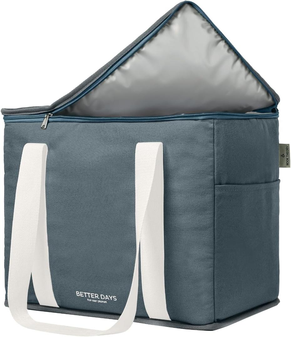 Nook Theory Reusable Insulated Grocery Bag - Leak Proof, X Large Insulated Cooler Bag - Insulated Shopping Bags for Groceries - Travel Cooler Bag for Frozen and Hot Food with Zippered Top (Coast)