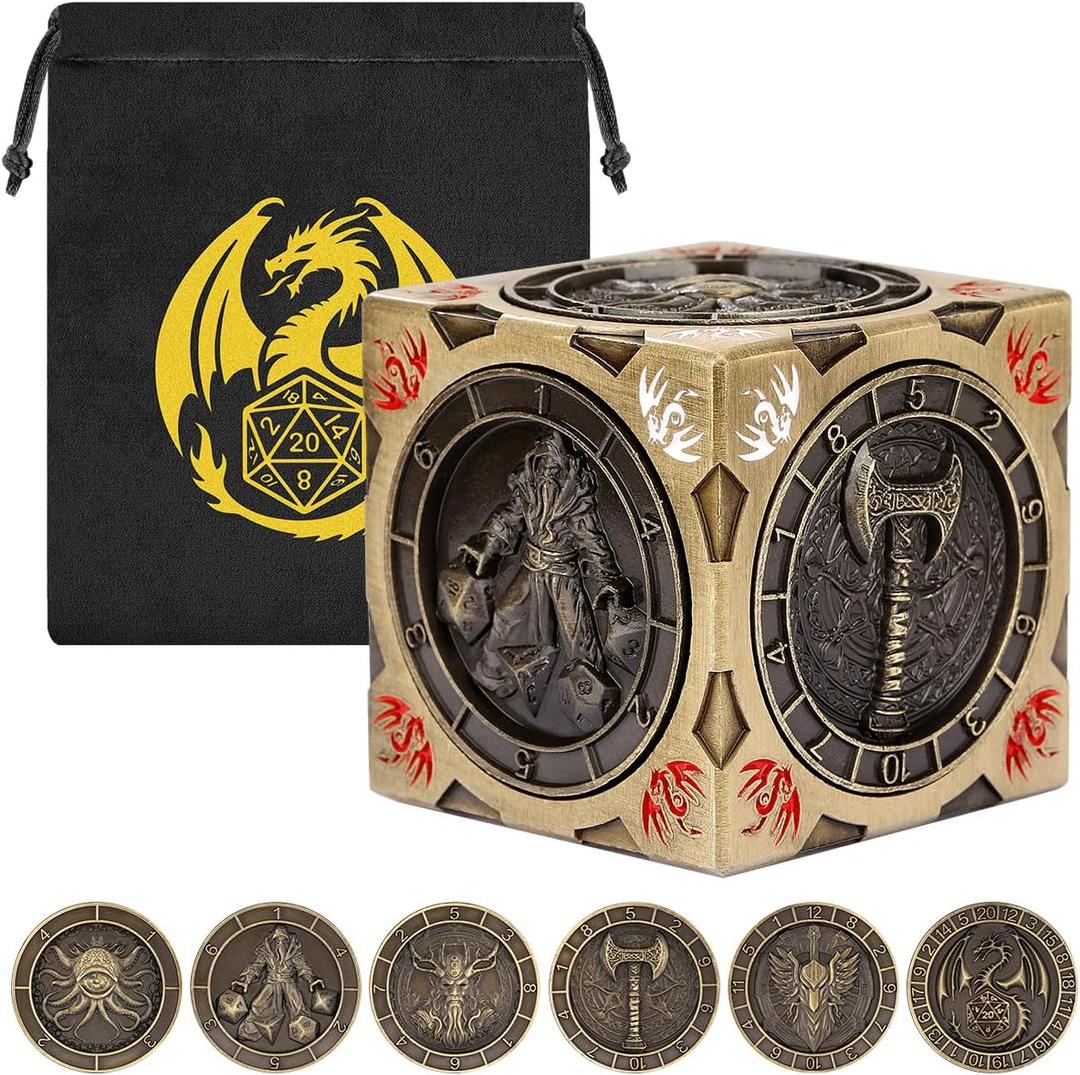 DND Fingertip Spinner Dice, 7-in-1 Metal Dice Set, 3D Relief Design, DND Polyhedral Rotating Game Dice, D&D Gifts with Dragon Logo Gift Bag, RPG, Role Playing Board Game Accessories, Bronze