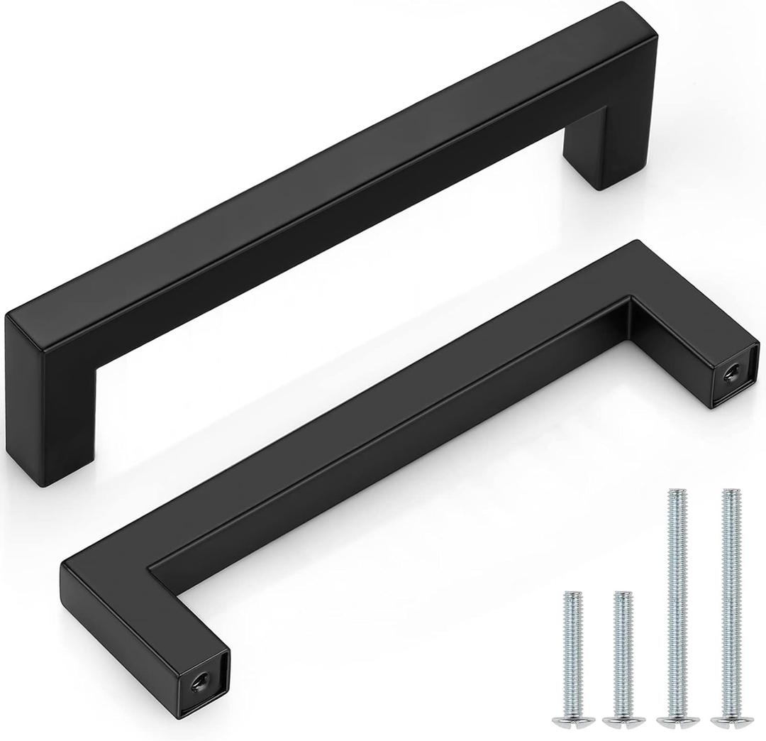Probrico (Pack of 5) Matte Black Square Cabinet Pulls Stainless Steel 5 Inch (128mm) Hole Center Drawer Handles Modern Kitchen Cabinet Hardware