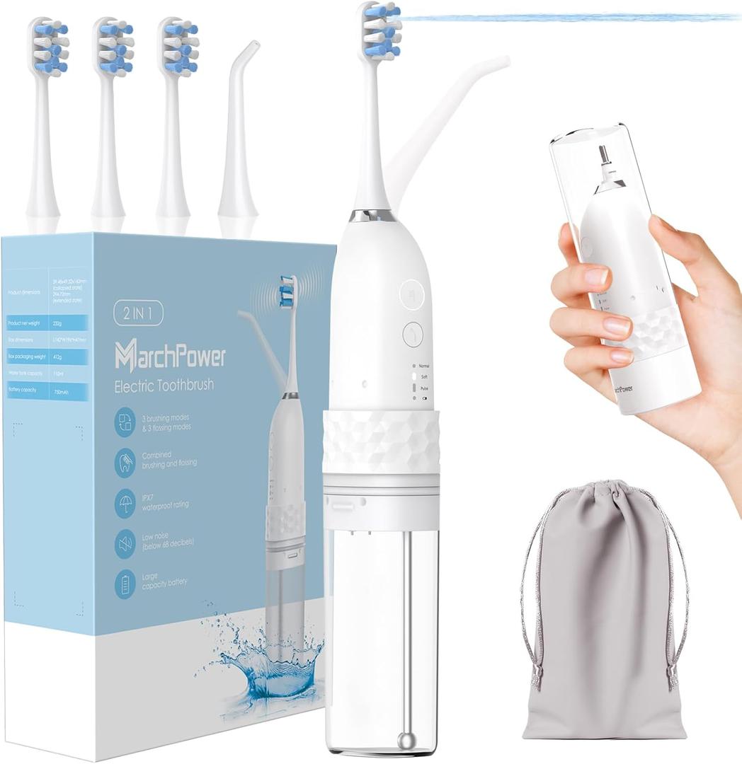 Marchpower Upgraded 2-in-1 Electric Toothbrush with Water Flosser, 3+4 Smart ModesPortable Oral Irrigator with Point-Jet, Rechargeable IPX7 Waterproof for Home & Travel UseWhite