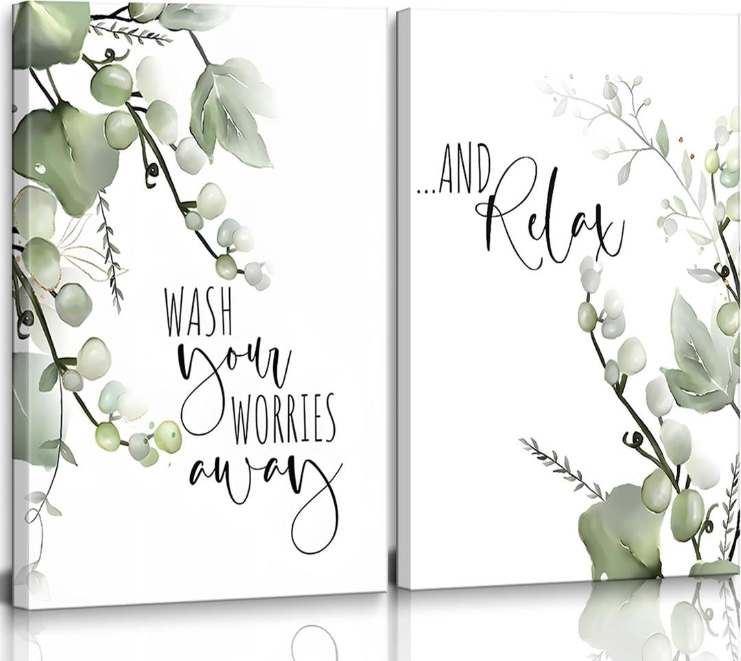 2 Pcs Bathroom Wall Art Sage Green Canvas Wall Decor Plant Pictures Prints Posters Minimalist Frames Paintings Modern Artwork for Restroom Washroom Spa Toilet Home Decorations Ready To Hang 16x24in