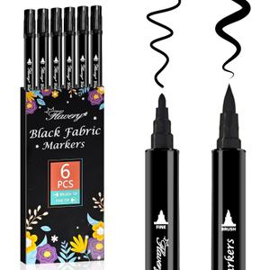 3 x Black Fabric Markers 6 Pack - Dual Tip Fabric Markers for Clothes, Permanent Textile Paint Pens for Personalizing T-Shirts, Bags, Hats, Canvas