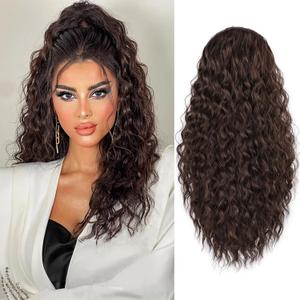 Curly Drawstring Ponytail, Dark Brown Synthetic Hair Extension, 20 Inch Long Curly Wavy Clip-in Ponytail for Women