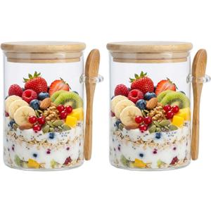 Overnight Oats Containers with Lids,17oz Oats Glass Jars Storage Containers, Oatmeal Cups,Meal Prep Containers,Glass Coffee Nuts Canister For Pantry Cereal Sugar Tea Beans(2)