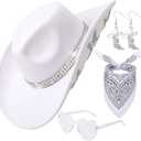 White Cowboy Hat for Women Men with Sparkly Stars Felt Cowgirl Hat with Heart Sunglasses,Bandana and Earrings (White)