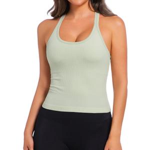Built in Bra Tank Tops for Women Scoop Neck Longline Workout Tank Top Ribbed Seamless Yoga Racerback Tank Shirts (Green, S)