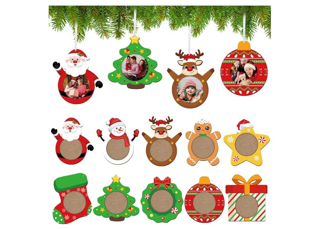 COCHIE Christmas Picture Frame Ornament for Christmas Tree Stocking Decorations, 10PCS Bulk Wood Photo Hanging Ornaments Holiday Xmas Gift (Christmas