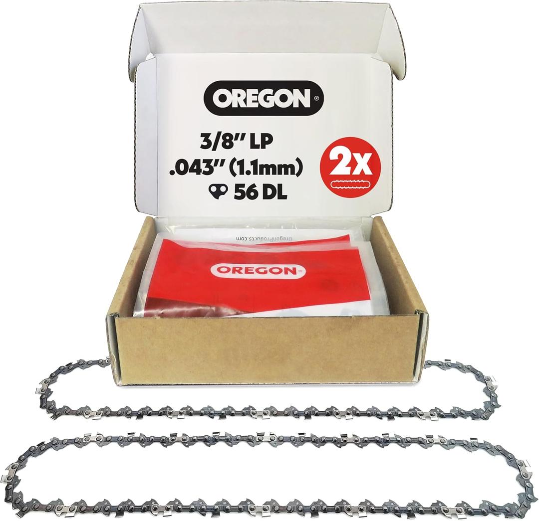 Oregon 2-Pack Chainsaw Chain 3/8" LP Pitch, .043" (1.1 mm) Gauge for 16" (40cm) Bar, 56 Drive Links  Low-kickback Replacement Saw Chain, Fits Greenworks, Makita, EGO, DeWalt, Craftsman and more