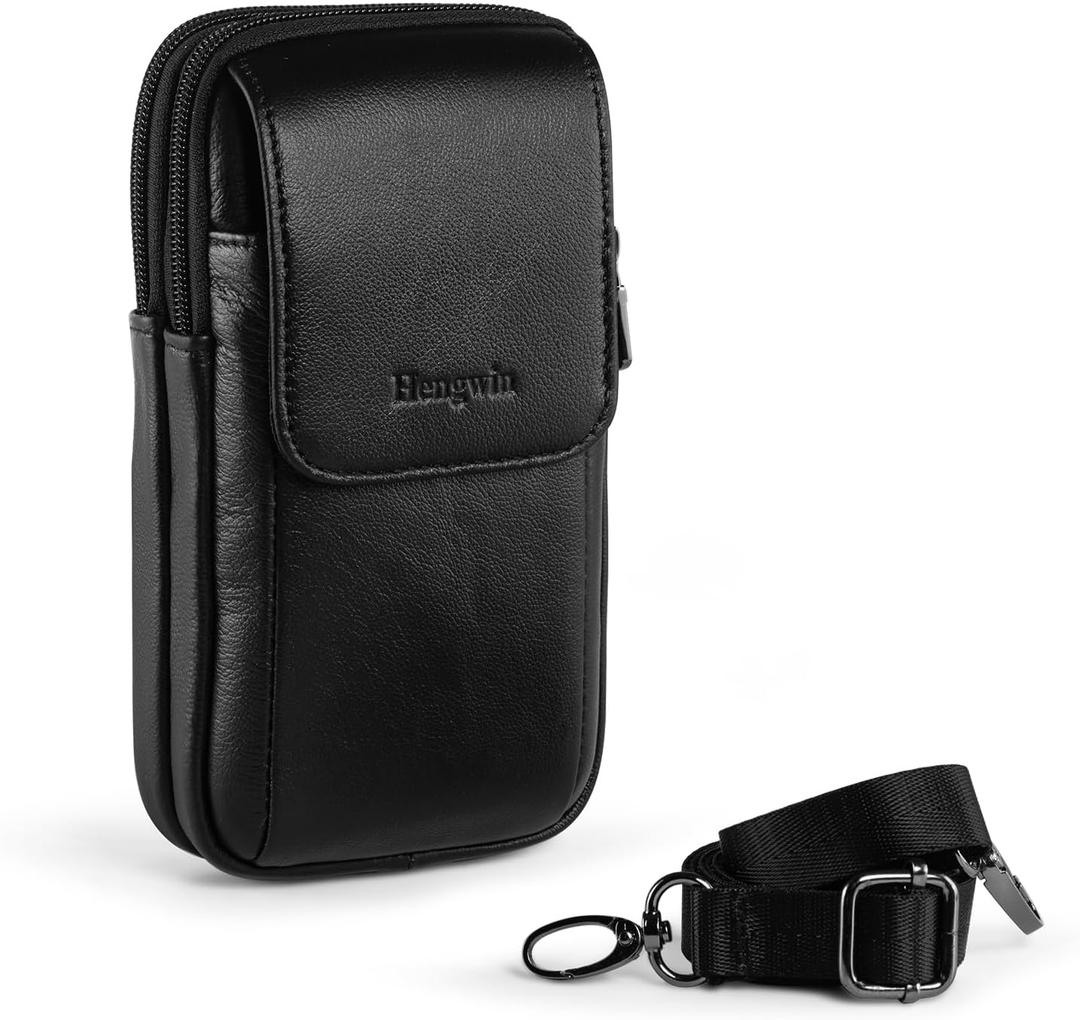 Hengwin Leather Phone Pouch Fits for iPhone 16 Pro Max 15 Plus 14 Pro Max 13 Pro Max 12 Pro Max Samsung Galaxy S24 Ultra S23 Ultra S22 Ultra Holster Belt Clip Case Crossbody Purse Shoulder Bag (Black)